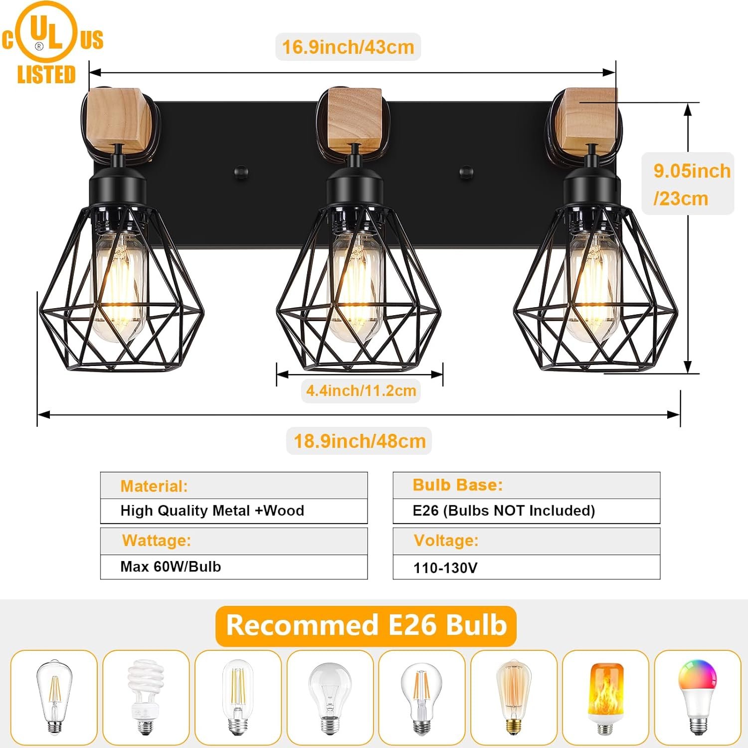 Light Farmhouse Bathroom Vanity Light Fixtures, Wood Bathroom Lighting Over Mirror, Black Vanity Lights with Metal Lampshade, Vintage Wall Light Fixtures for Bedroom, Living Room, Hallway