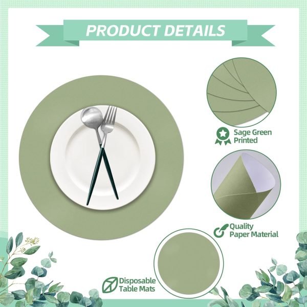 100 Pieces Sage Green Paper Place Mats Sage Round Disposable Table Mats Green Paper Doilies Decorative Placemats for Wedding Banquet Party Home Dining Tableware Decor