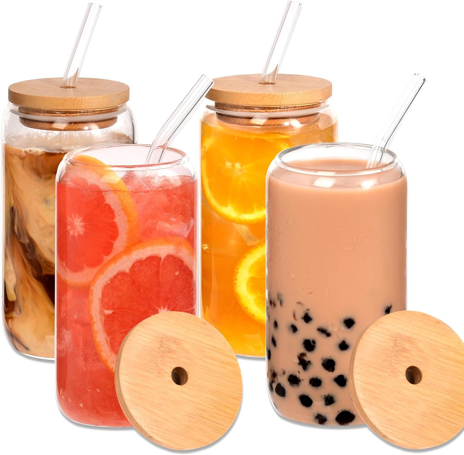 12pcs Glass Cups with Bamboo Lids and Glass Straws Set-16oz Can Shaped Drinking Glasses, Beer Glasses, Iced Coffee Glasses, Cute Tumbler Cup, Ideal for Whiskey,Cocktail,Wine,Gift-2 Cleaning Brushes
