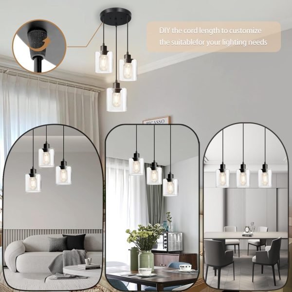 3-Lights Pendant Light Fixture, Hanging Light Fixture Kitchen Island,Black Pendant Lighting for Kitchen Bedroom Hallway, Dining Room Light Fixtures, E26 Base,Clear Glass Shade