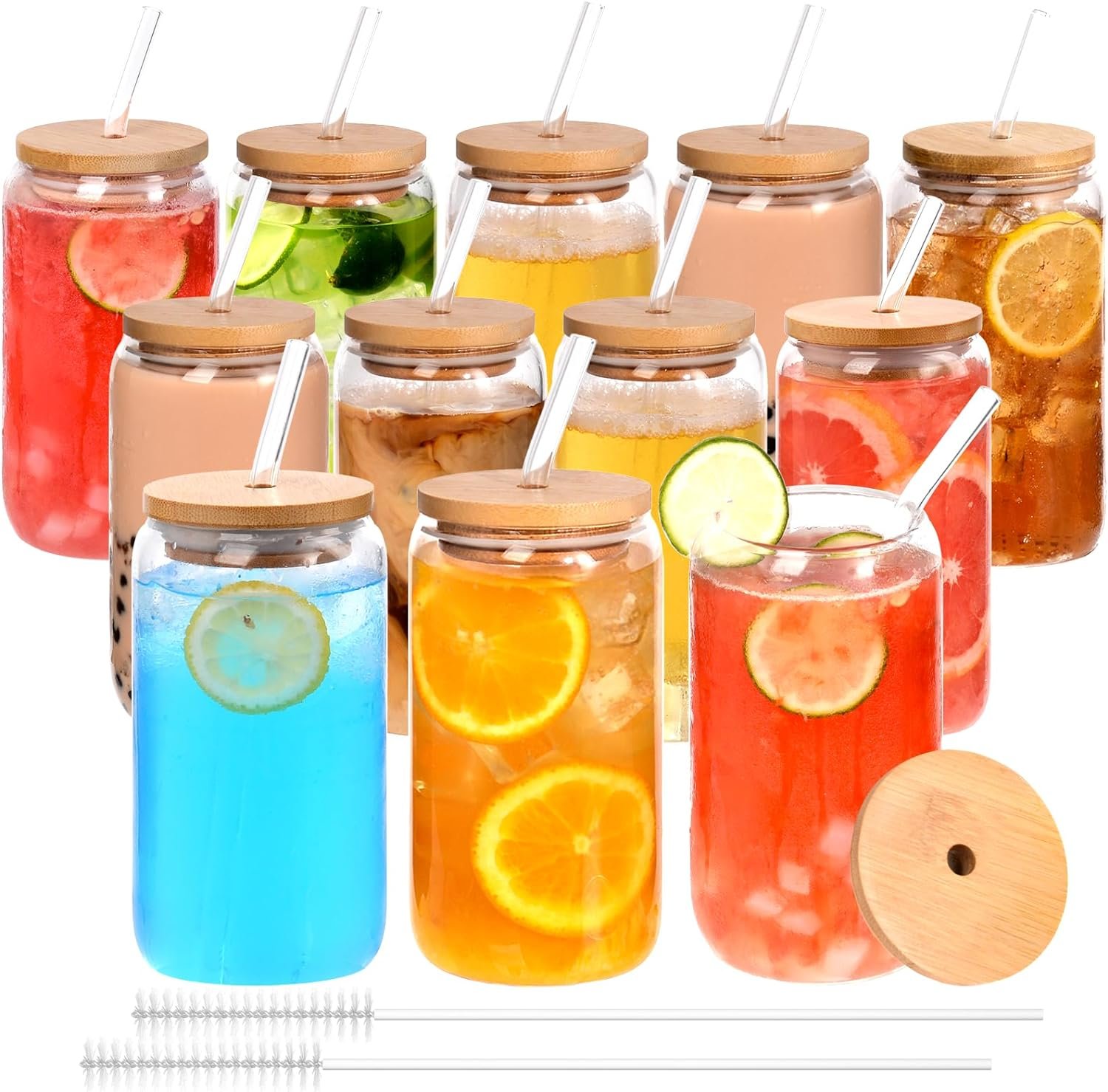 12pcs Glass Cups with Bamboo Lids and Glass Straws Set-16oz Can Shaped Drinking Glasses, Beer Glasses, Iced Coffee Glasses, Cute Tumbler Cup, Ideal for Whiskey,Cocktail,Wine,Gift-2 Cleaning Brushes