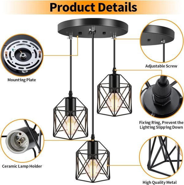 Licperron Industrial 3-Light Pendant Light, Adjustable Kitchen Hanging Ceiling Light Fixtures with Metal Cage, Black Farmhouse Pendant Lighting for Kitchen Island Dining Room Hallway, E26 Base