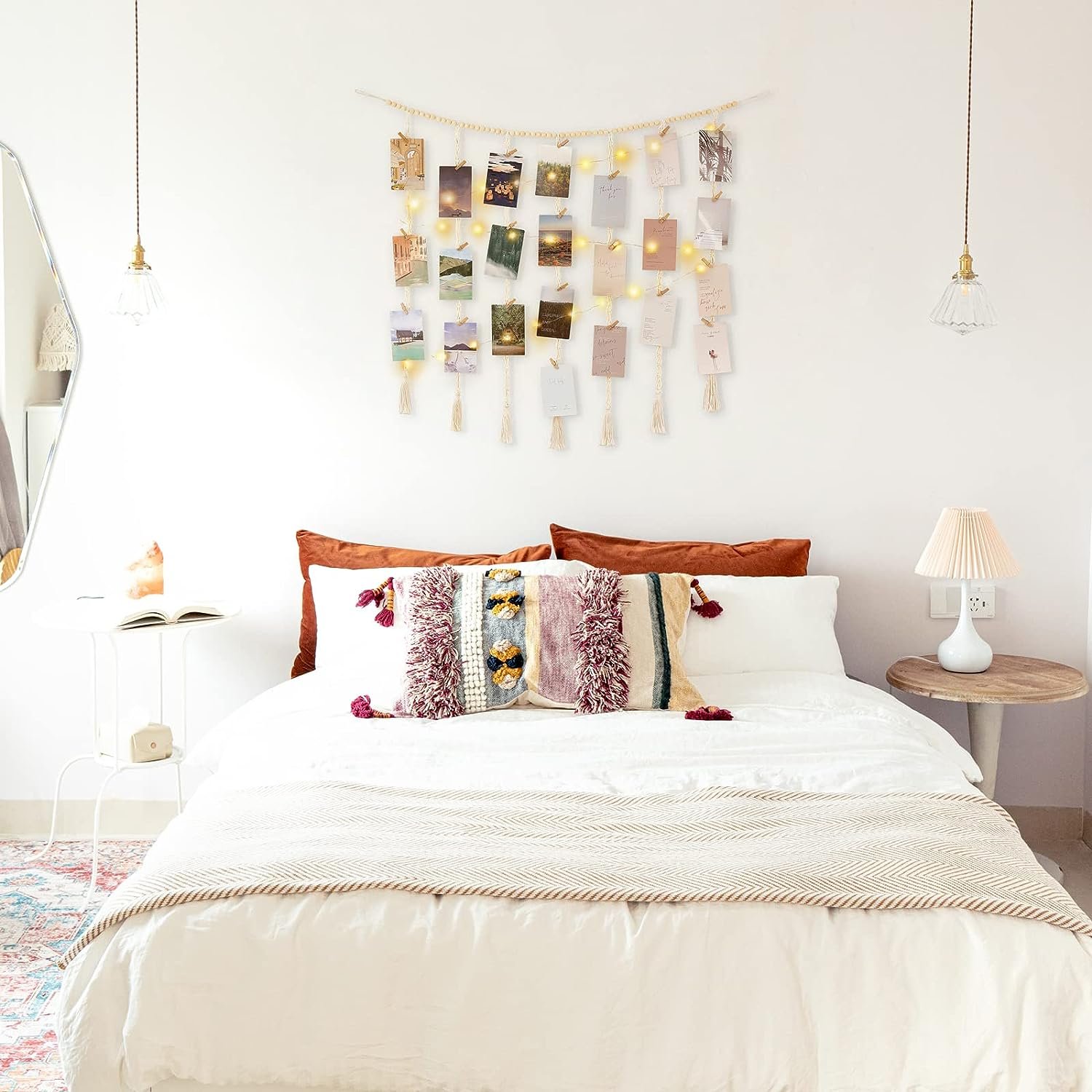 71vzIxCPItL._AC_SL1500 Mkono Macrame Hanging Photo Display Wall Decor with String Lights, Boho Wooden Beads Garland Collage Picture Card Frame Holder with 45 Clips for Bedroom Living Room Dorm, Teen Girl Teenage Gifts