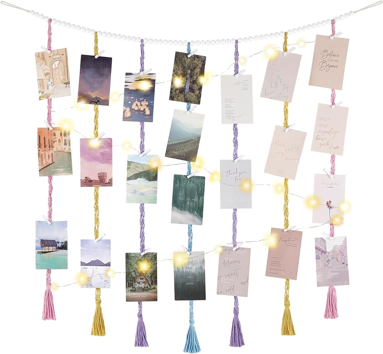 71z8HeI6MIL._AC_SL1500 Mkono Macrame Hanging Photo Display Wall Decor with String Lights, Boho Wooden Beads Garland Collage Picture Card Frame Holder with 45 Clips for Bedroom Living Room Dorm, Teen Girl Teenage Gifts