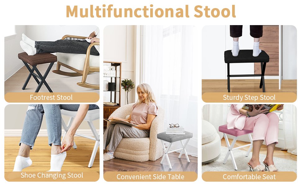 Vanity Stool Ottoman Foot Rest, Square Linen Makeup Vanity Chair Stool