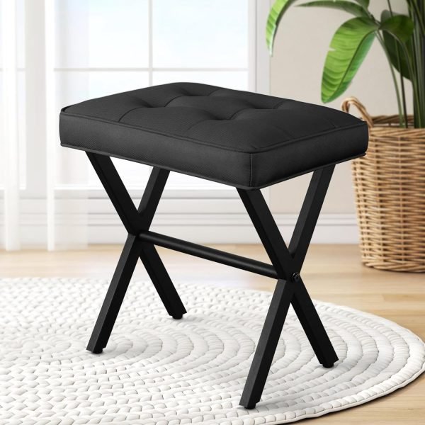 Vanity Stool Ottoman Stool Chair for Vanity Chair with Metal X Legs, Footrest Upholstered Makeup Stool for Makeup Room, Living Room, Bathroom, Padded Foot Rest Seat for Entryway(Black)