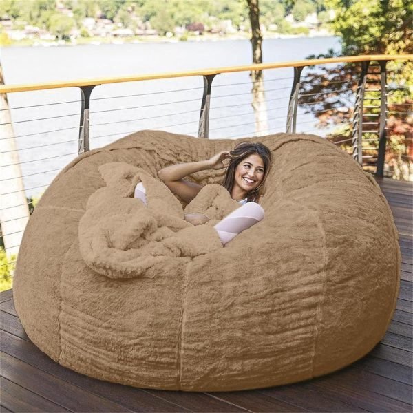 Giant Fur Bean Bag Chair Cover for Kids Adults, (No Filler) Living Room Furniture Big Round Soft Fluffy Faux Fur Beanbag Lazy Sofa Bed Cover (Light Grey, 5FT)