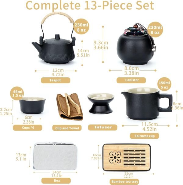 Asian tea set |Kungfu tea sets |Ceramic Portable tea set |tea sets for adult |13-piece withgrey leather case |Tea set gift for Home, Outdoor, Business (Ceramic-Black teaset)