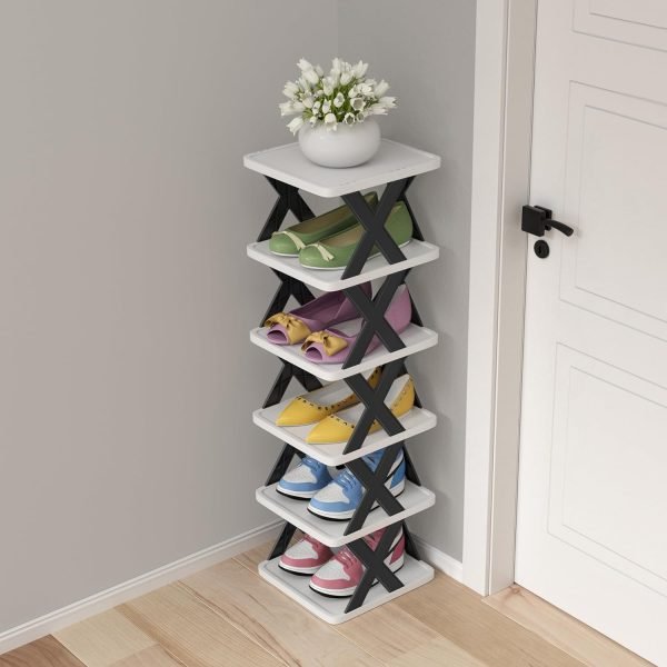 6 Tier Narrow Shoe Rack, Small Stackable Shoe Stand, Space Saving Furniture Shoe Storage Organizer for Entryway, Closet, Vertical Shoe Tower Rack