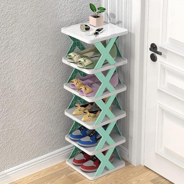 6 Tier Narrow Shoe Rack, Small Stackable Shoe Stand, Space Saving Furniture Shoe Storage Organizer for Entryway, Closet, Vertical Shoe Tower Rack