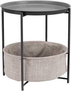 Amazon Basics Round Storage End Table, Side Table with Cloth Basket, Charcoal/Heather Gray, 17.7 x 17.7 x 18.9 in