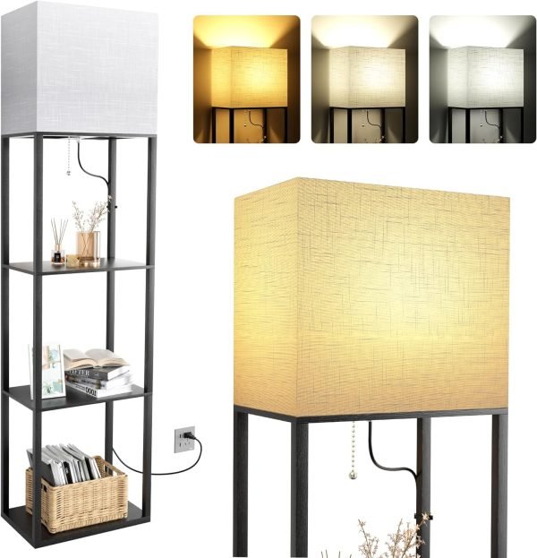 Dott Arts Floor Lamp with Shelves, Shelf Lamps with 3 Color Temperature LED Bulb,Storage Wood Texture Modern, Display Standing Lamp for Living Room,Office, Bedroom