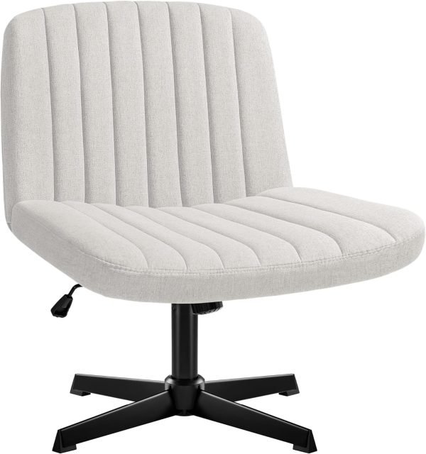 JUMMICO Armless Office Desk Chair No Wheels, Cross Legged Office Chairs Padded Wide Seat, Fabric Modern Adjustable Swivel Accent Chair, Computer Task Vanity Chair for Home Office (Beige)