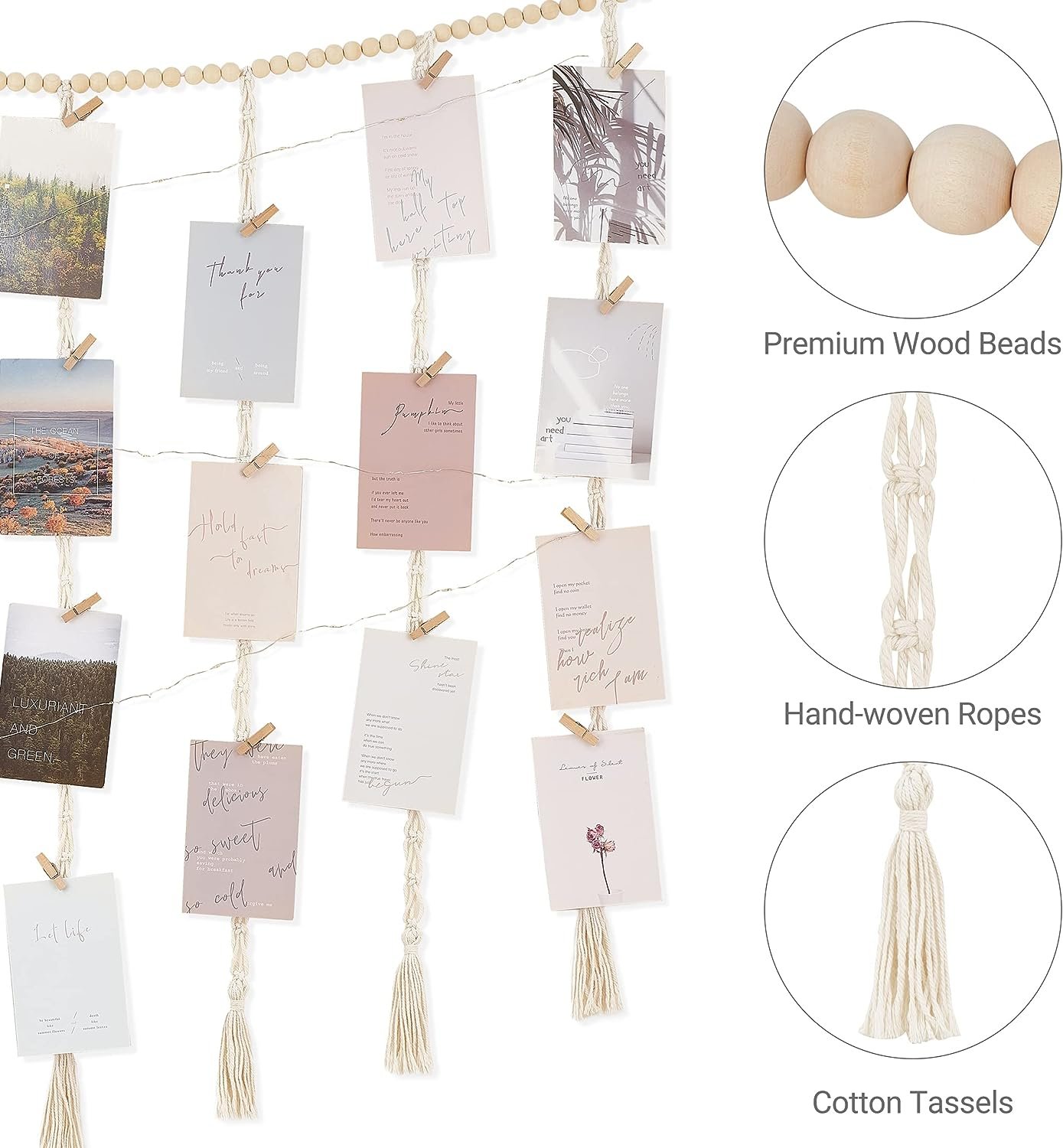 81xds-_rUxL._AC_SL1500 Mkono Macrame Hanging Photo Display Wall Decor with String Lights, Boho Wooden Beads Garland Collage Picture Card Frame Holder with 45 Clips for Bedroom Living Room Dorm, Teen Girl Teenage Gifts
