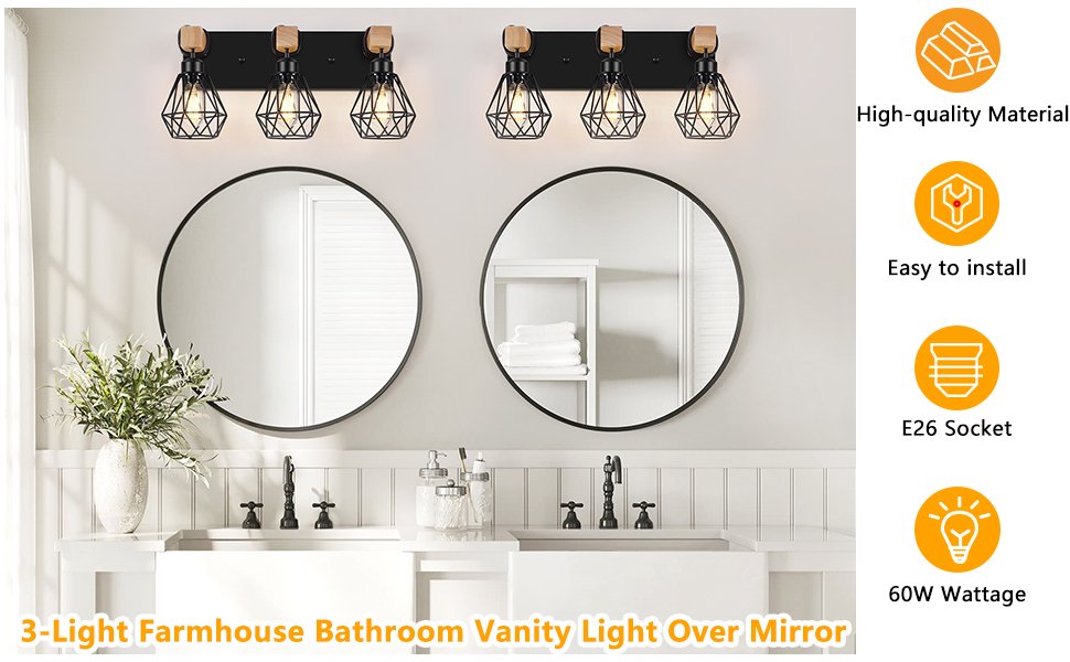 Farmhouse Vanity Lights for Bathroom, 3-Light Wood Bathroom Vanity Light Fixtures Over Mirror