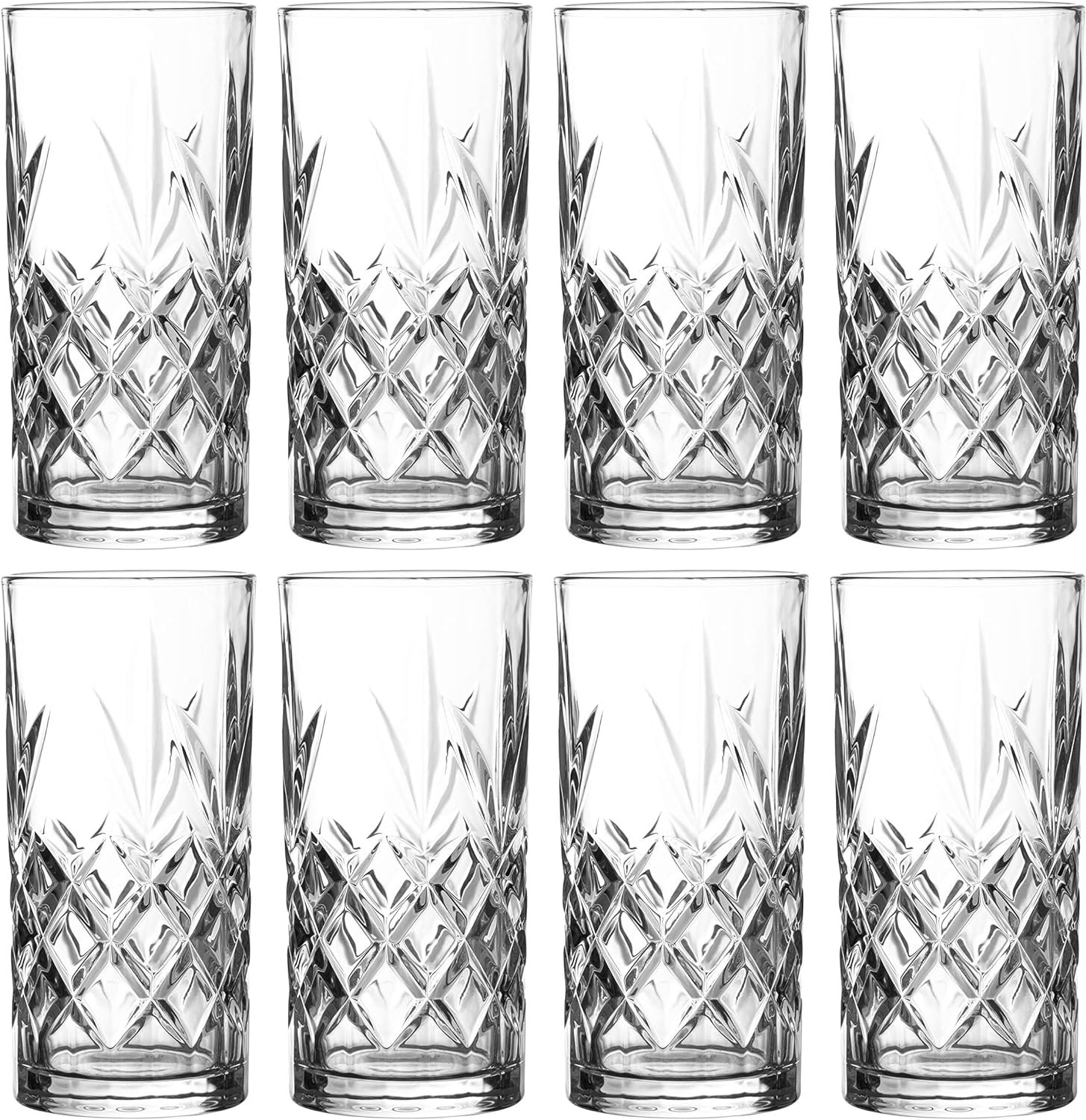 Royalty Art Kinsley Tall Highball Glasses Set of 8, 12 Ounce Cups, Textured Designer Glassware for Drinking Water, Beer, or Soda, Trendy and Elegant Dishware, Dishwasher Safe (Hiball)