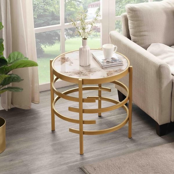 Modern Round Sofa Side Table for Living Room, Gold Small Coffee Table with Sintered Stone Top, Metal Frame, Easy Upkeep and Install, 20.7″ W High-Temperature End Table