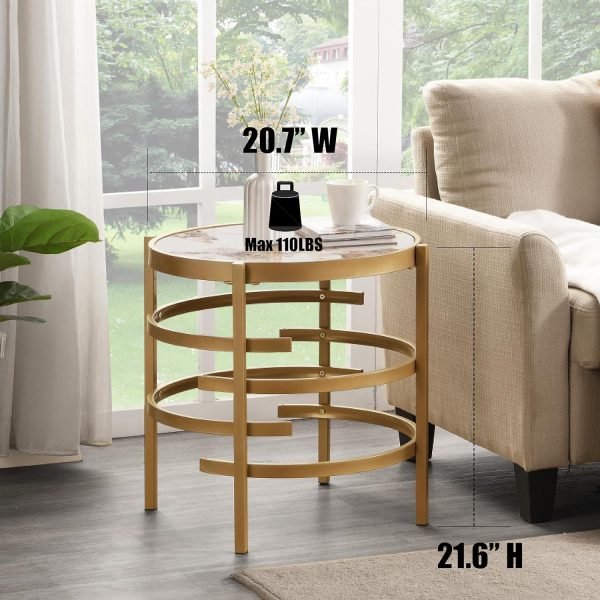 Modern Round Sofa Side Table for Living Room, Gold Small Coffee Table with Sintered Stone Top, Metal Frame, Easy Upkeep and Install, 20.7″ W High-Temperature End Table