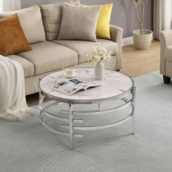 Modern Round Sofa Side Table for Living Room, Gold Small Coffee Table with Sintered Stone Top, Metal Frame, Easy Upkeep and Install, 20.7″ W High-Temperature End Table