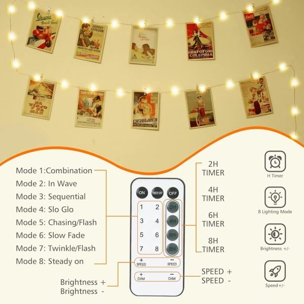 120 LED Photo Clips String Light with Remote, 40FT Fairy Lights with 52 Clear Picture Clips, Timer & 8 Modes USB Powered Copper Wire Lights for Dorm, Bedroom, Christmas, Party (Warm White)