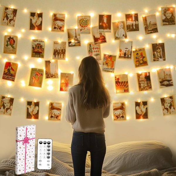 120 LED Photo Clips String Light with Remote, 40FT Fairy Lights with 52 Clear Picture Clips, Timer & 8 Modes USB Powered Copper Wire Lights for Dorm, Bedroom, Christmas, Party (Warm White)